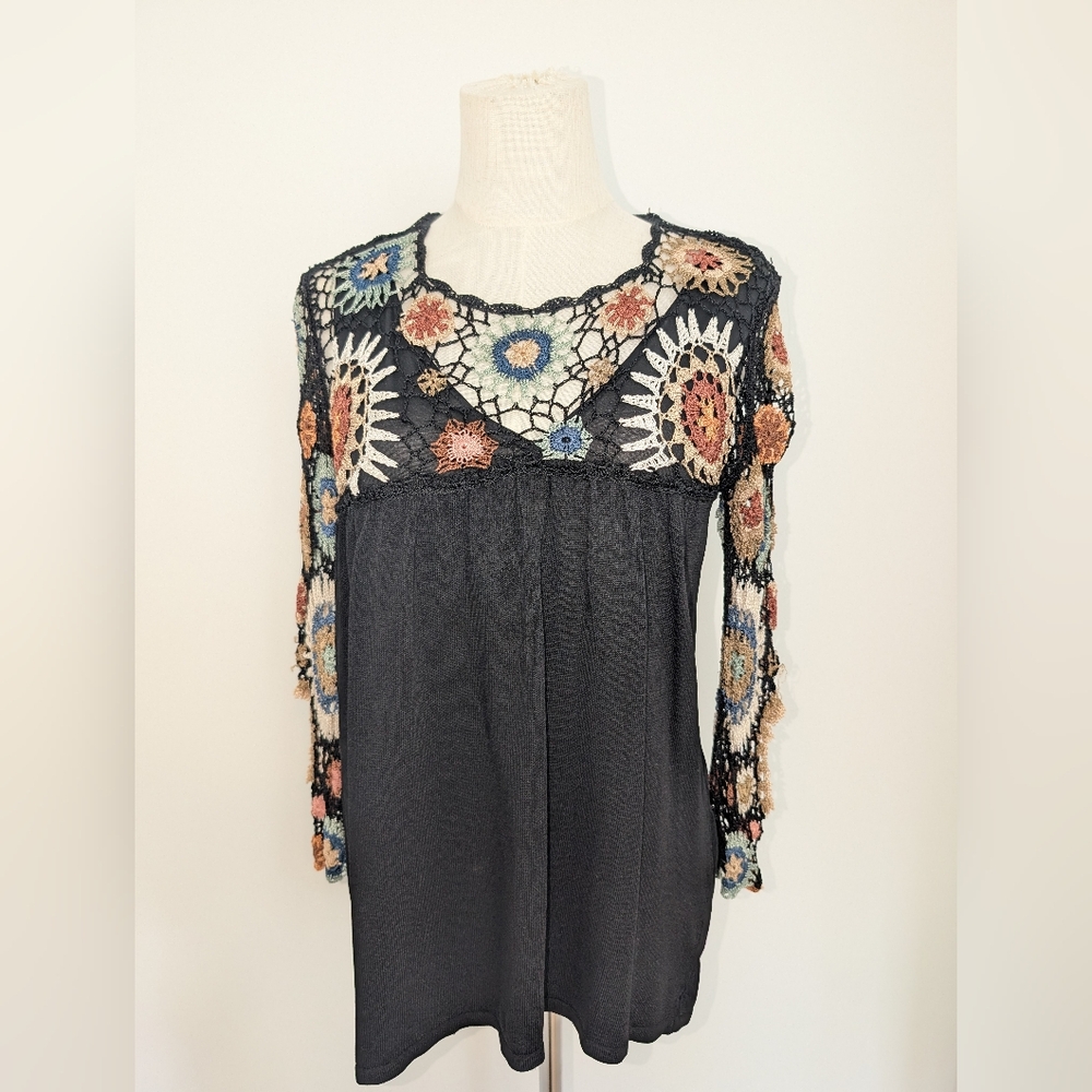 Vintage Black Top with Colourful Crochet Detail And Sleeves